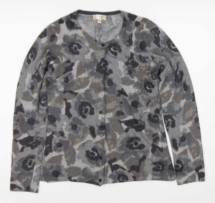 KENAR Women's Grey Floral Cardigan M, Long Sleeve, Button Accents