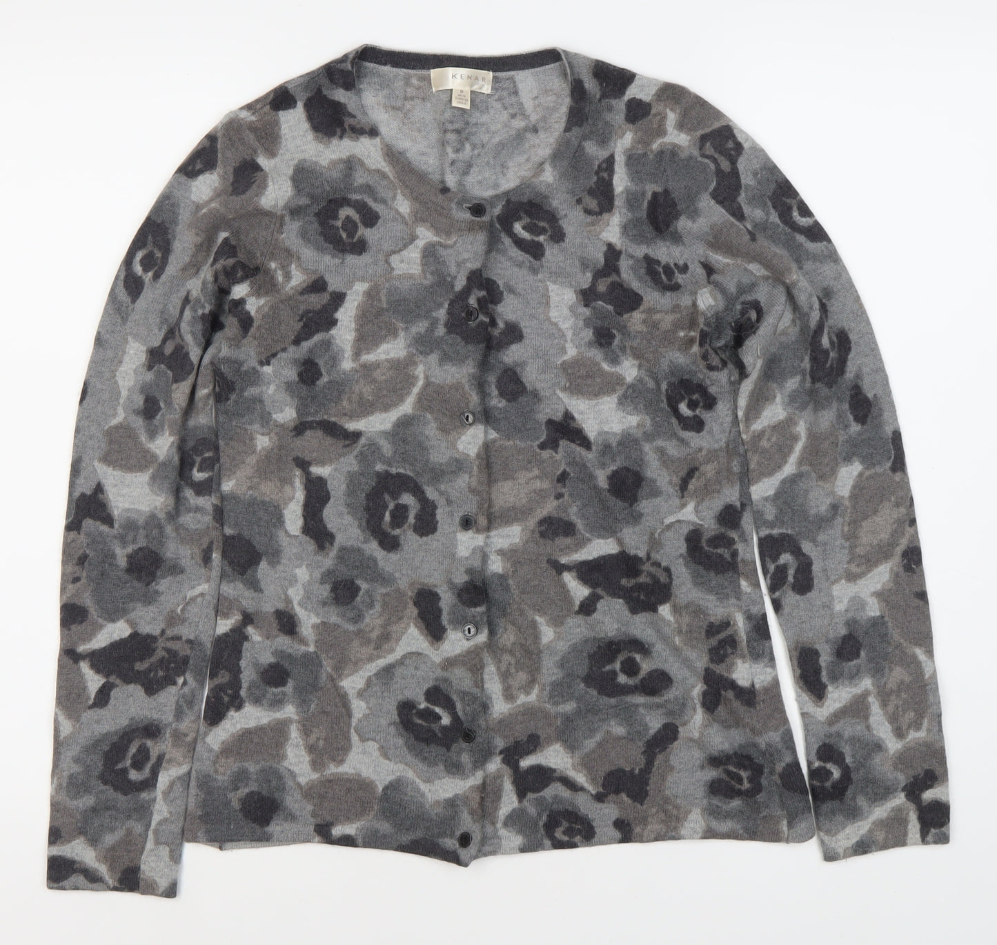 KENAR Women's Grey Floral Cardigan M, Long Sleeve, Button Accents