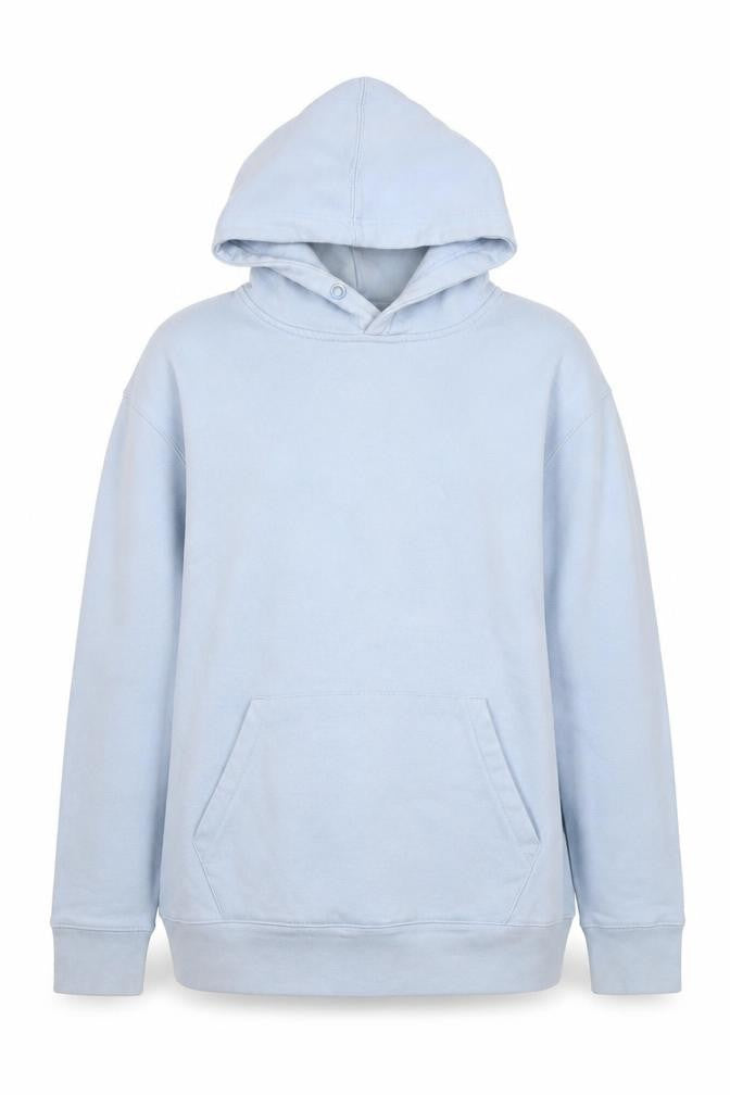 Front view of Pull&Bear unisex blue hoodie, size 12, cotton blend