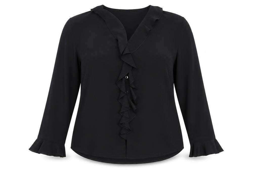 Front view of Berketex Women's Black Ruffle Blouse, size 14