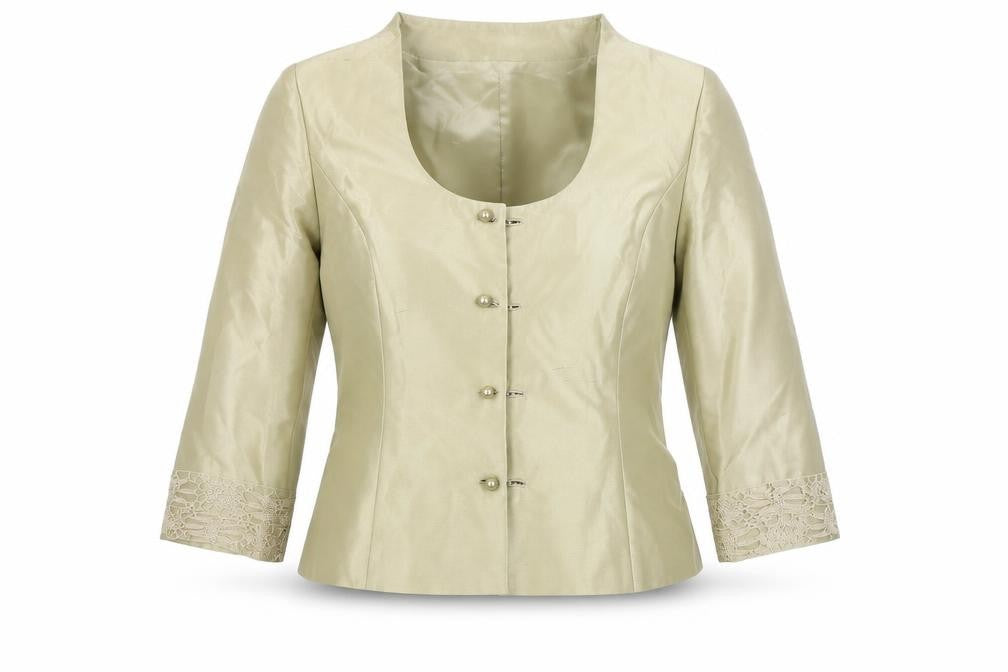 Front view of Presen de Luxe Beige Silk Women's Blazer, size 14