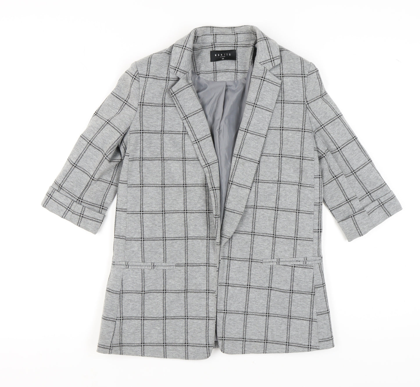 Mohito Women’s Grey Check Blazer, Size 4, 3/4 Sleeve