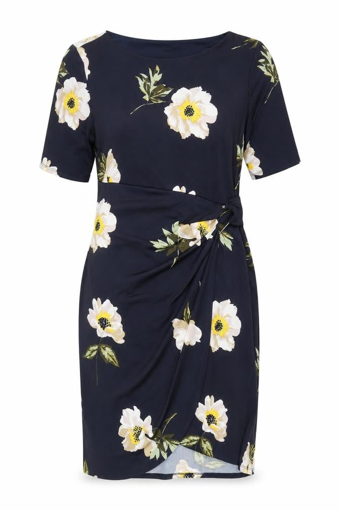 Front view of Debenhams Petite Navy Floral Midi Wrap Dress