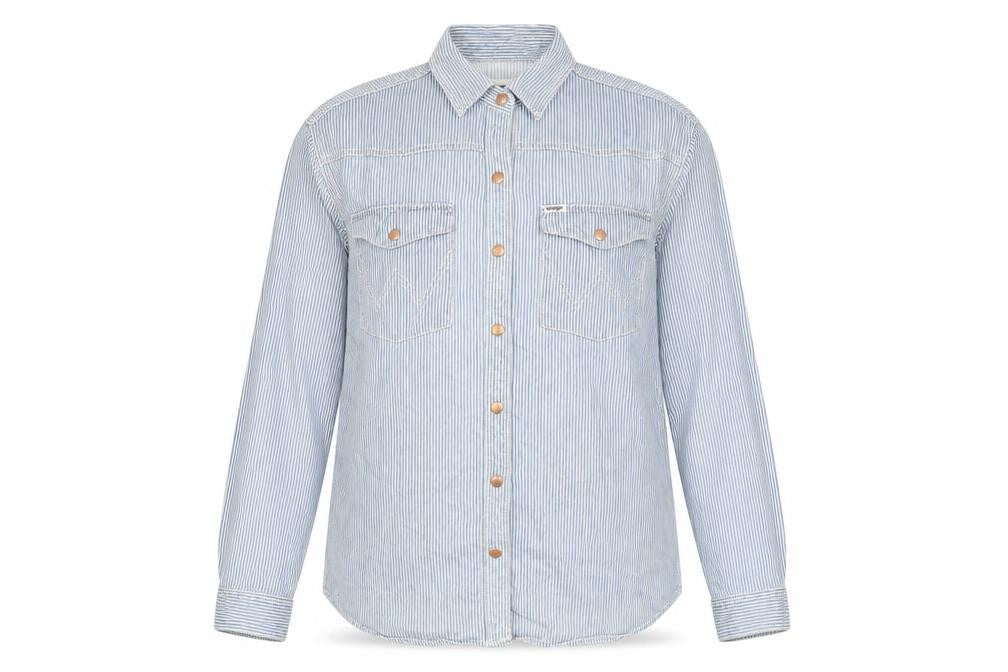 Front view of Wrangler Women's Blue Striped Button-Up Shirt S