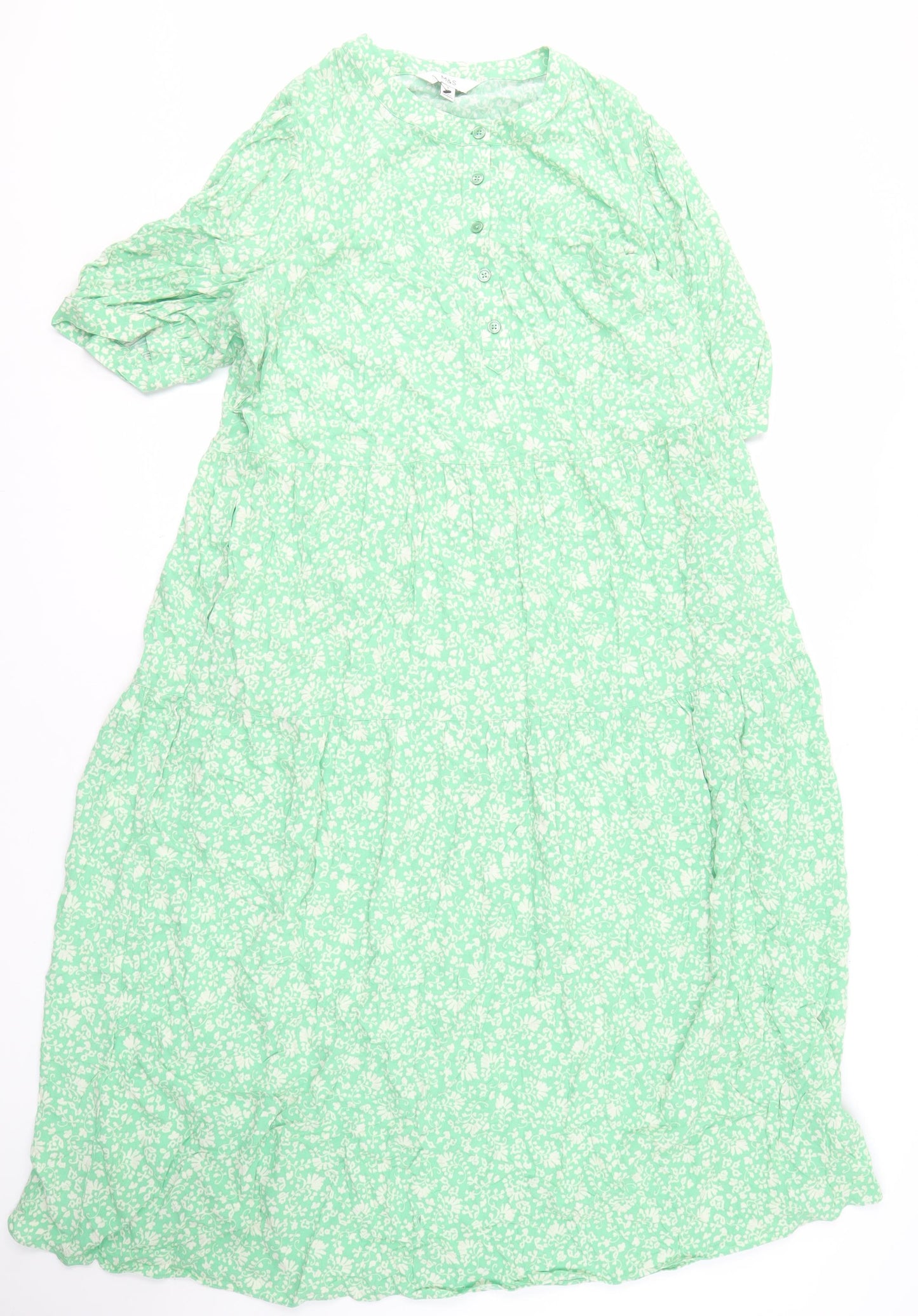 Marks and Spencer Women's Green Floral Shirt Dress - Size 16