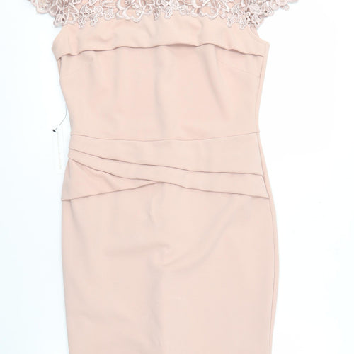 Lipsy Women's Beige Lace Sheath Dress Size 14
