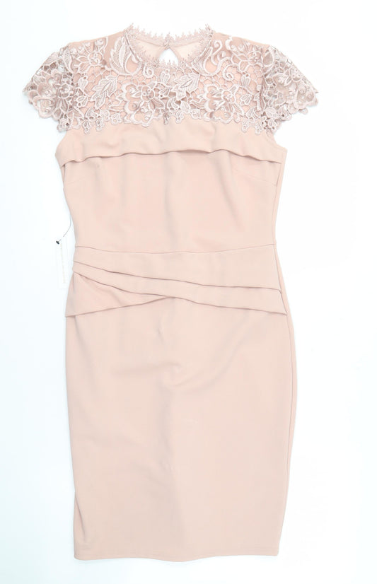 Lipsy Women's Beige Lace Sheath Dress Size 14