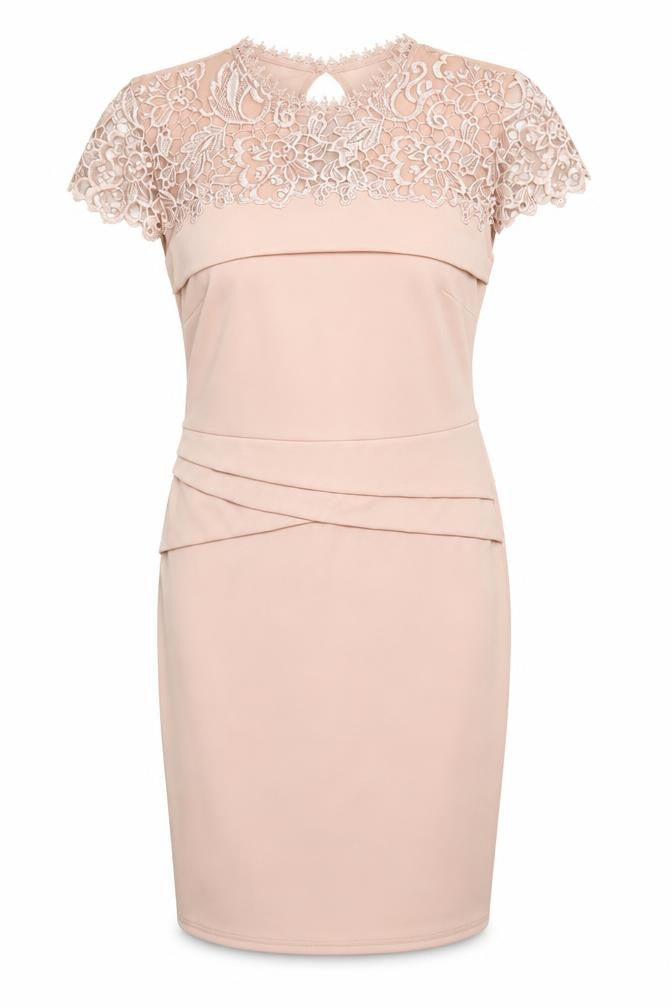 Front view of Lipsy Women's Beige Lace Sheath Dress, size 14