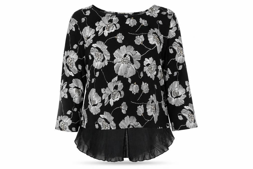 Front view of Saloos Floral Tunic Top in Black, size 14