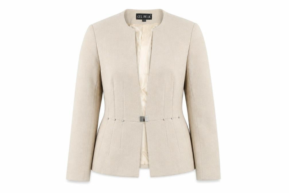 Front view of Celinsia Beige Women's Blazer L - Elegant Business Casual