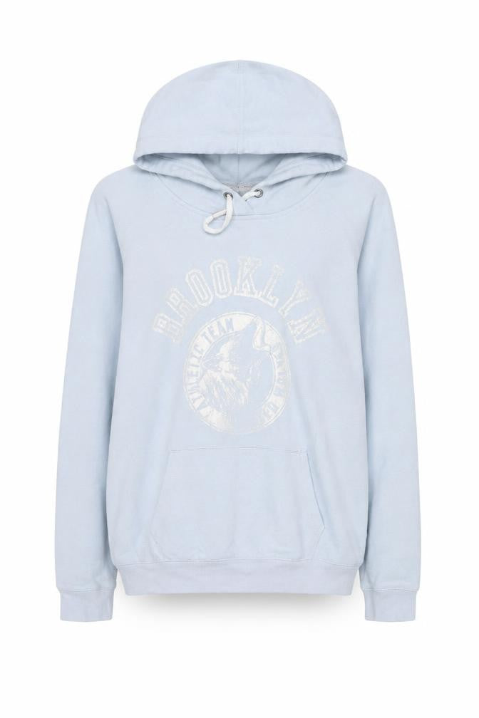 Front view of Garage Women's Blue Pullover Hoodie, size S