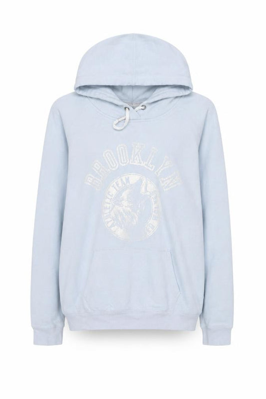 Front view of Garage Women's Blue Pullover Hoodie, size S