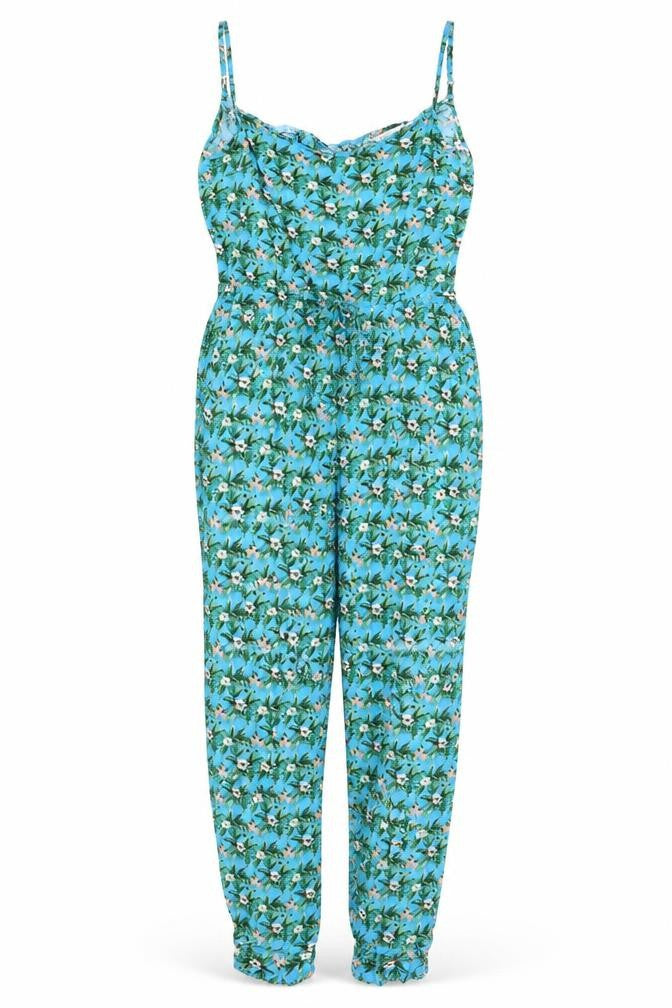 Front view of Oasis Women's Blue Floral Jumpsuit S - Summer Viscose Style