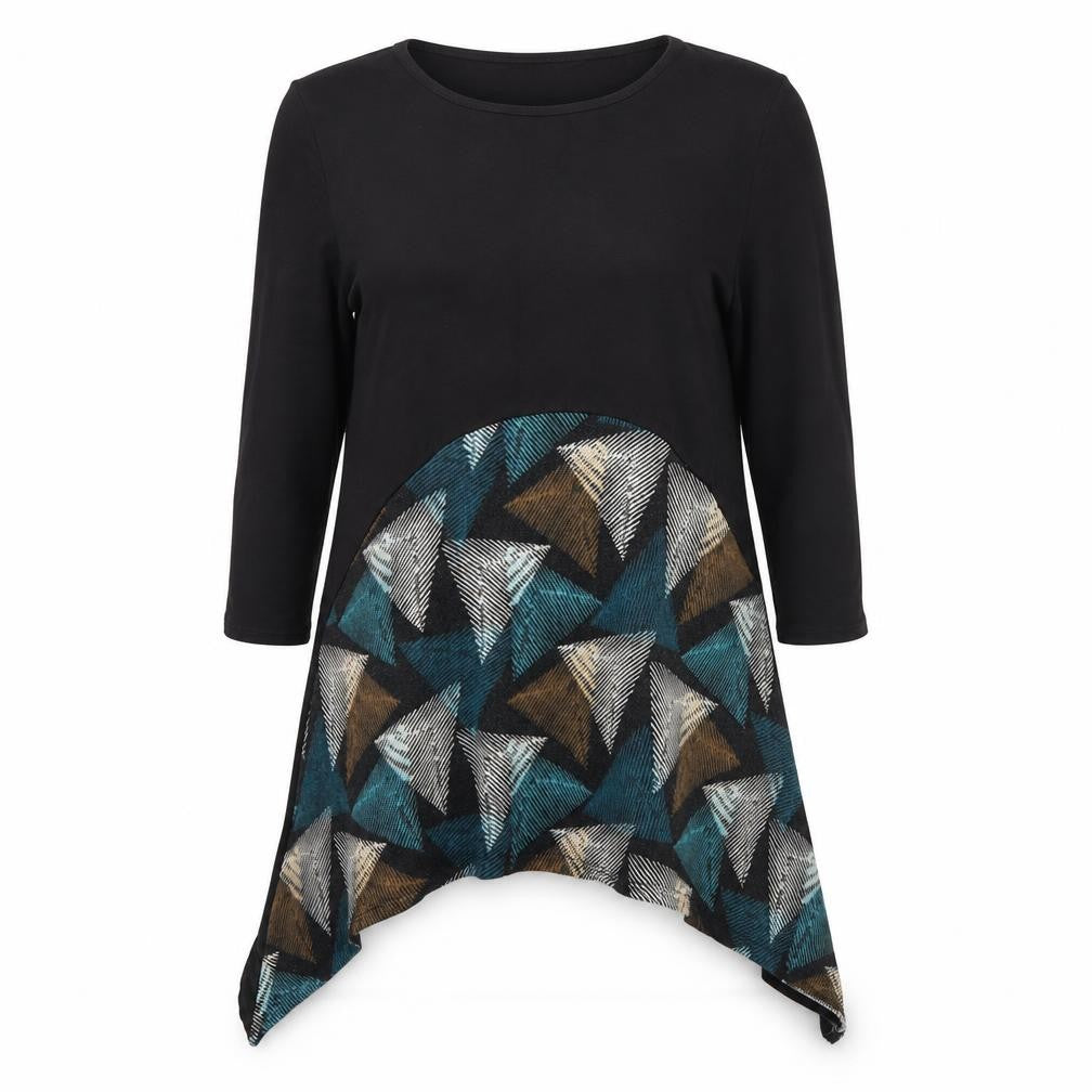 Front view of Saloos Women's Black Geometric 3/4 Sleeve Top, size 14