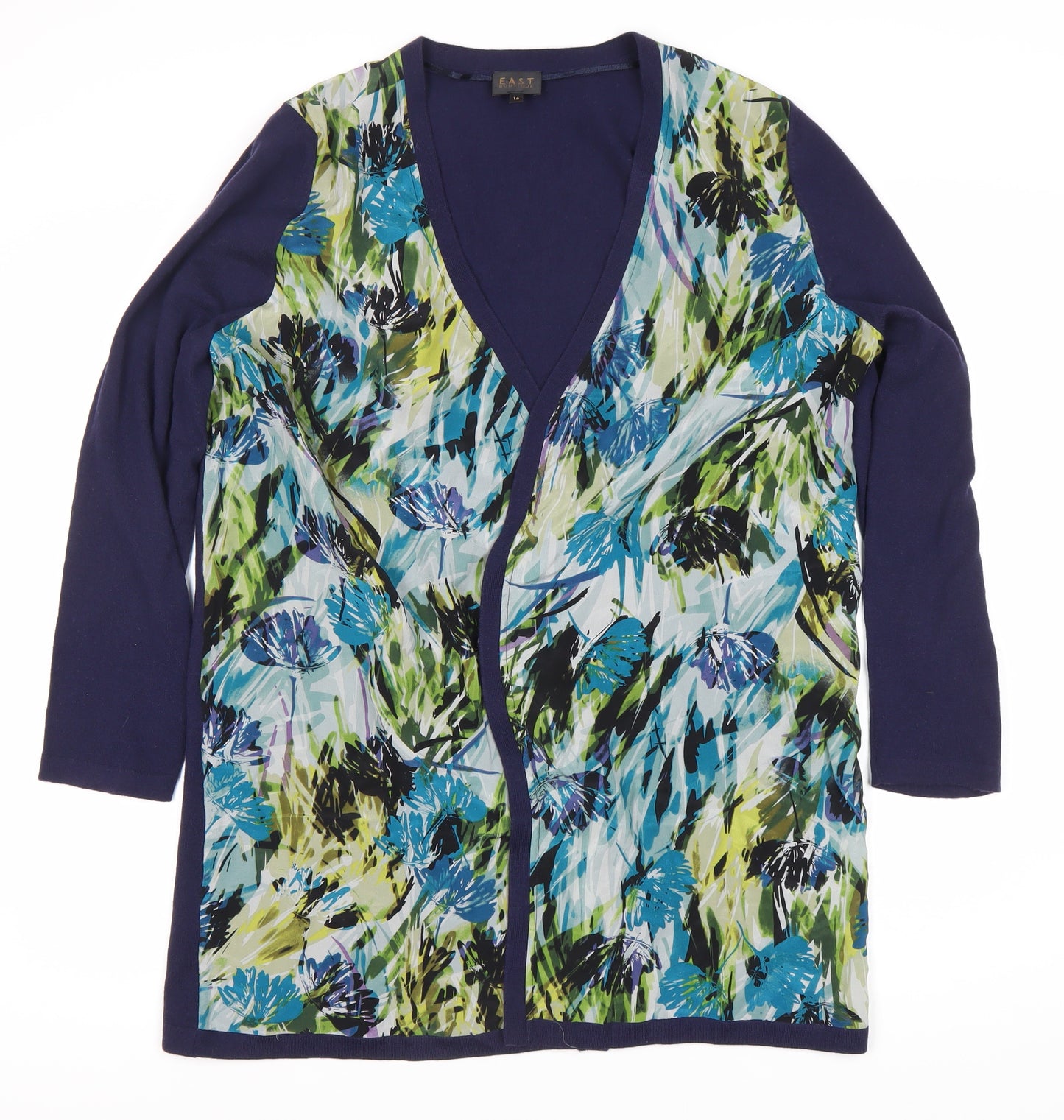 EAST Women's Multicoloured Floral Silk Wool Cardigan Size 16
