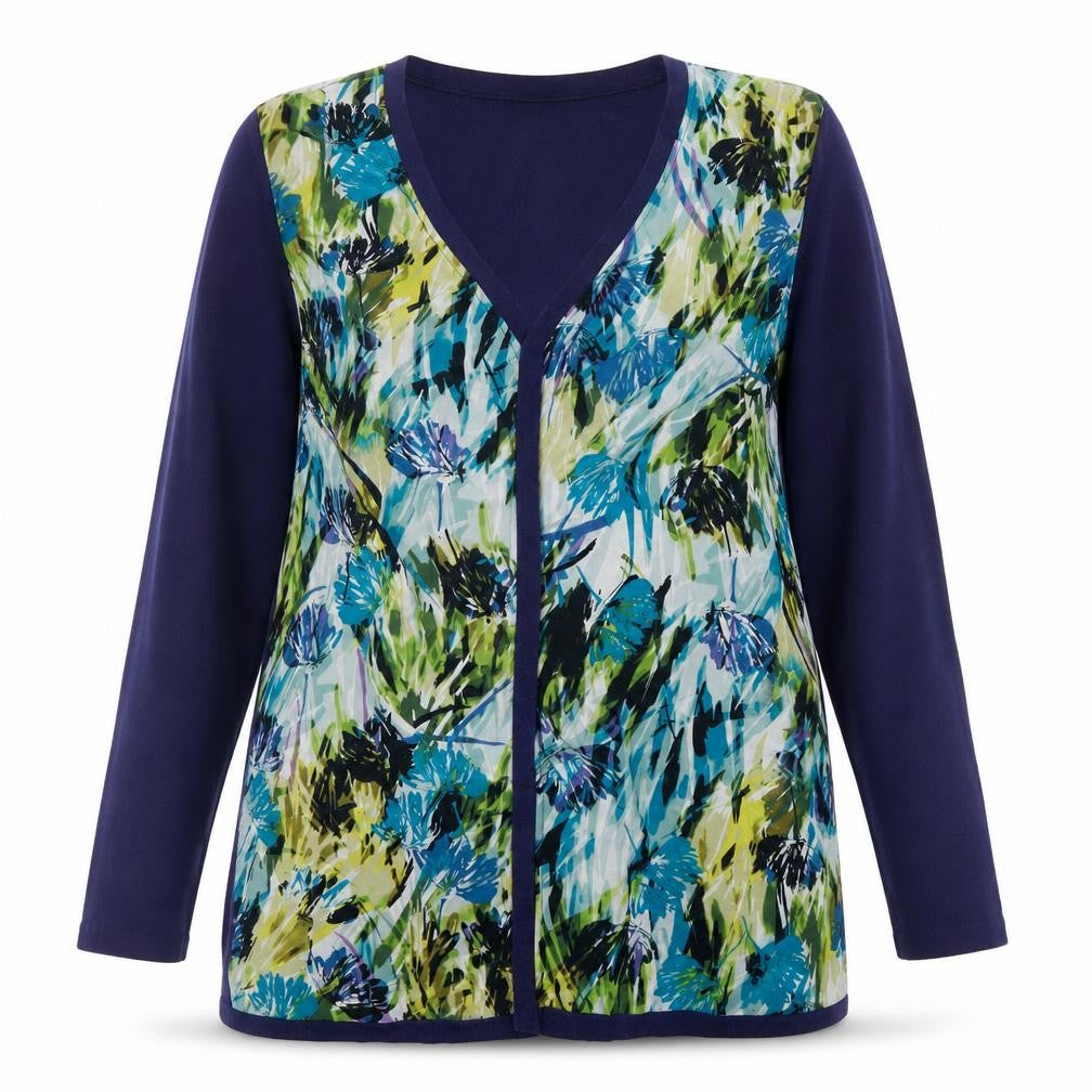 Front view of East Women's Multicoloured Floral Silk Wool Cardigan, size 16