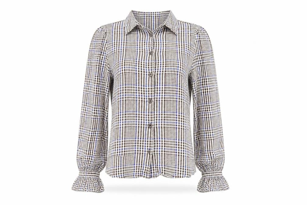 Front view of Monki Women's Brown Checkered Button-Up Shirt -, size S