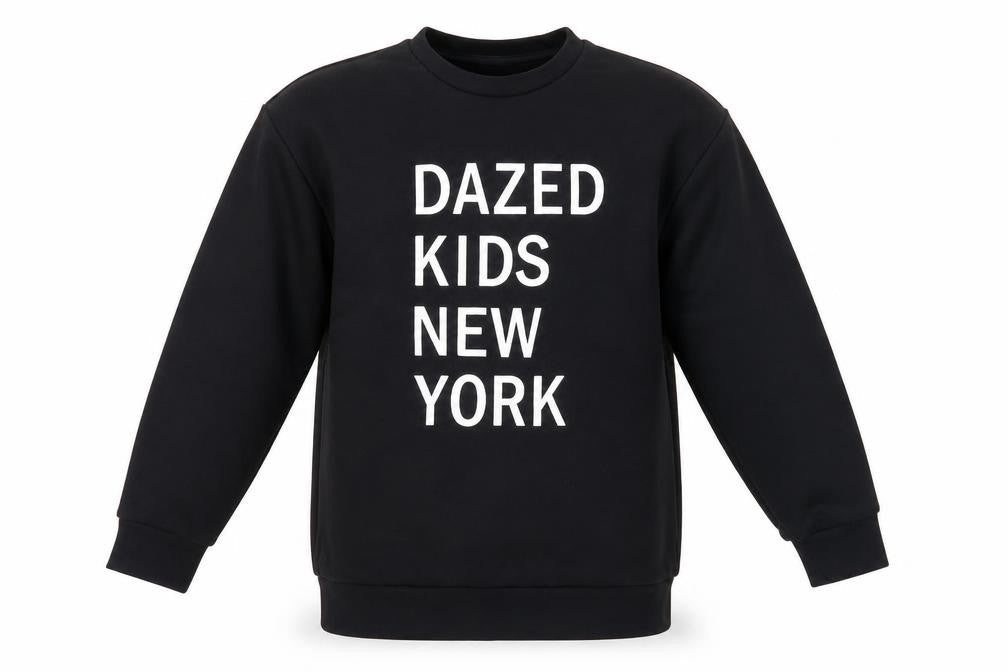 Front view of DKNY girls’ black graphic print pullover sweatshirt, size 10-11