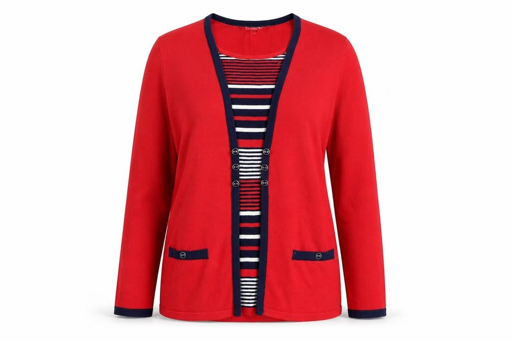Front view of Bonmarché Women's Red Striped Cardigan, size 12