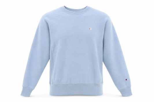 Front view of Champion unisex blue pullover sweatshirt, size S