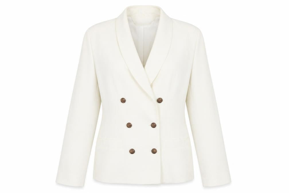 Front view of C&A Women Ivory Double-Breasted Suit Jacket, size 10, Petite