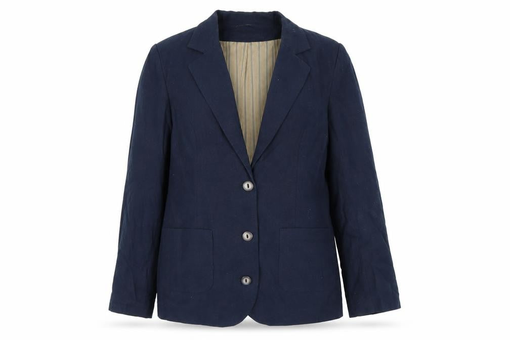 Front view of Wardrobe Women's Blue Blazer, size 12, Classic Single-Breasted