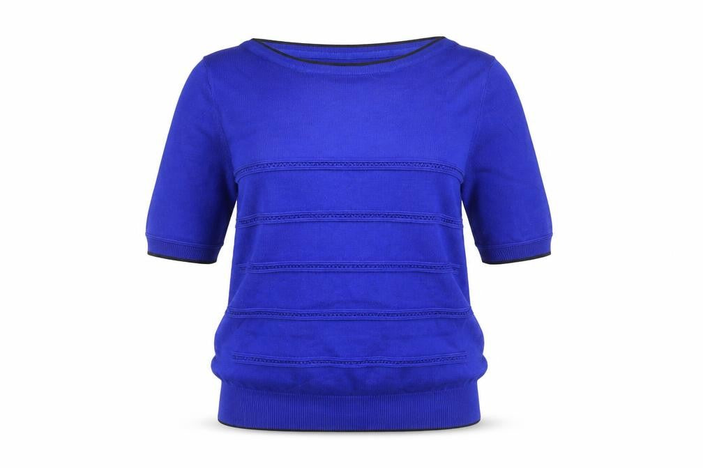 Front view of Principles Petite Blue Cotton Boat Neck Jumper