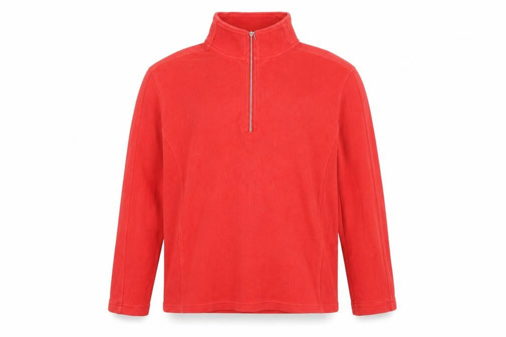 Front view of Orvis Men's Red 1/4 Zip Sweatshirt, size S, Cotton, Embroidered