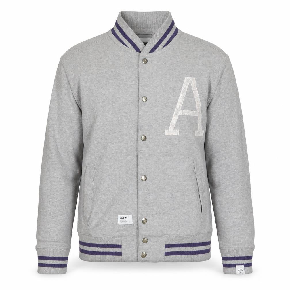 Front view of Addict Men's Grey Varsity Jacket, size S, Casual Style