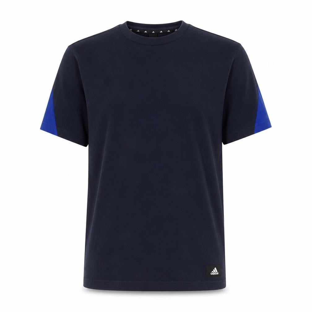 Front view of Adidas Men's Blue Crew Neck Logo T-Shirt, size M