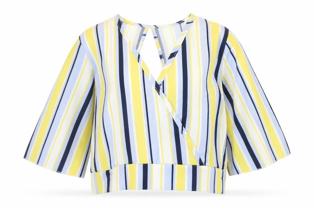 Front view of Quiz Women's Multicoloured Striped Wrap Blouse, size 6