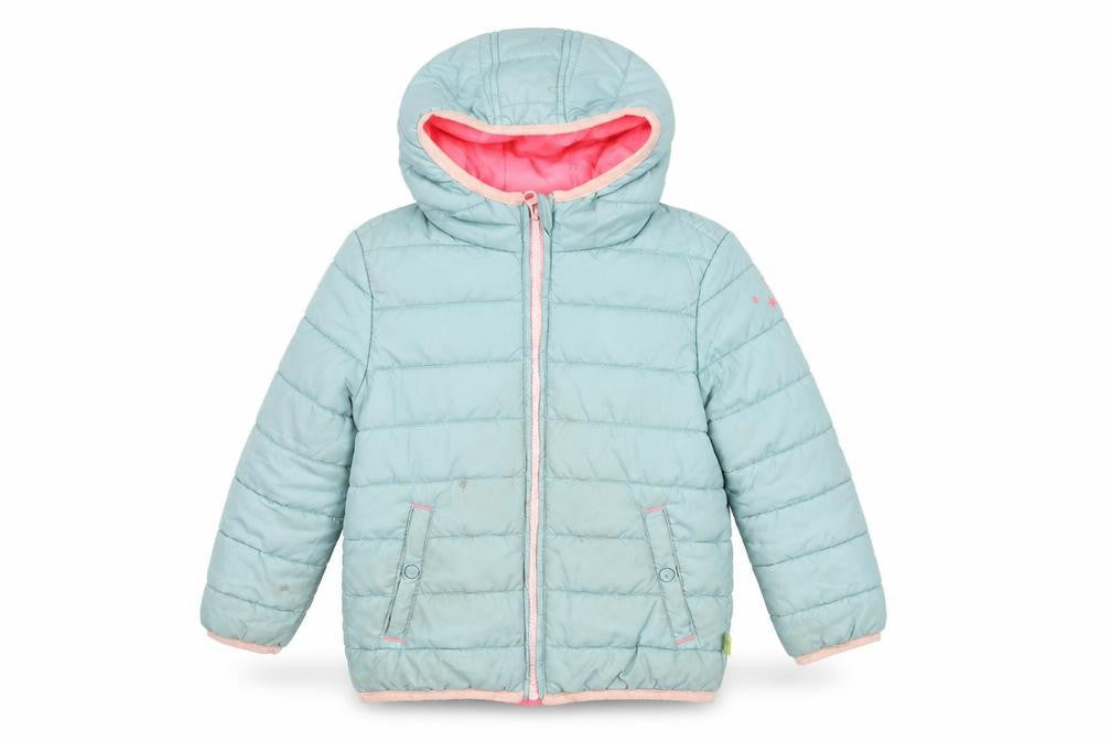Front view of White Stuff girls’ green puffer jacket 3-4 years winter