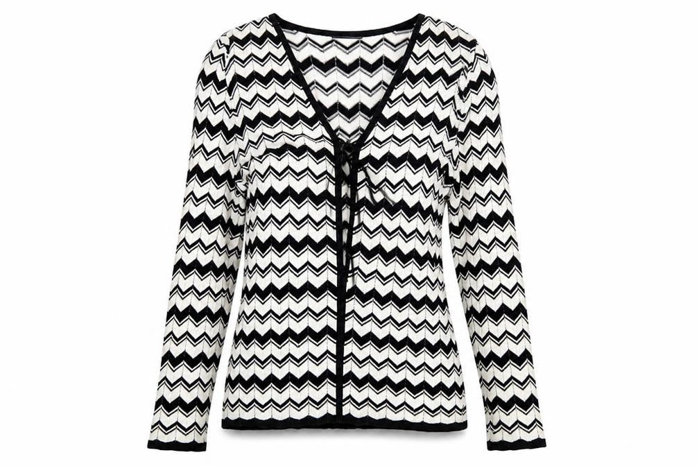 Front view of Basler women’s white geometric viscose blend tie cardigan, size UK 12