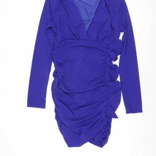 Zara Women's Blue Bodycon Dress Ruched V-Neck Size 8