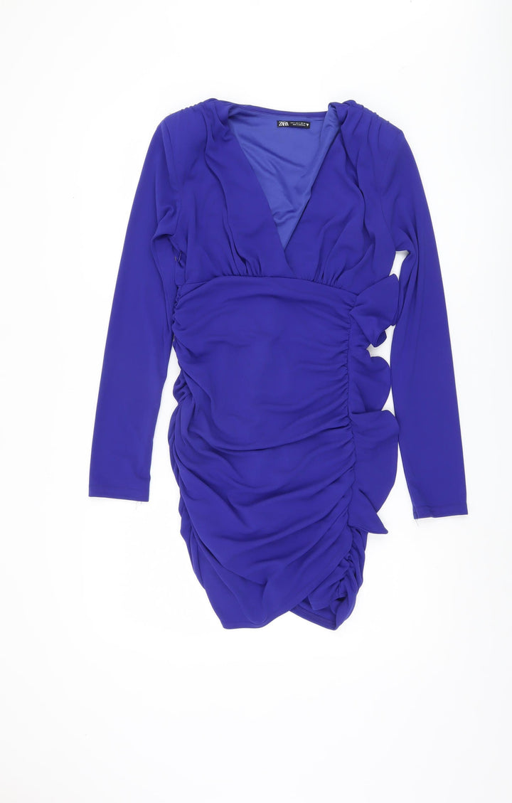 Zara Women's Blue Bodycon Dress Ruched V-Neck Size 8