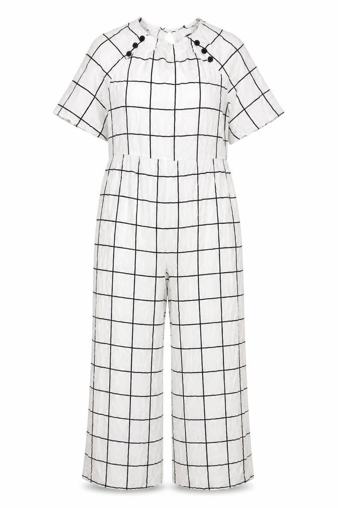Front view of ASOS DESIGN Women's White Check Jumpsuit, size 12