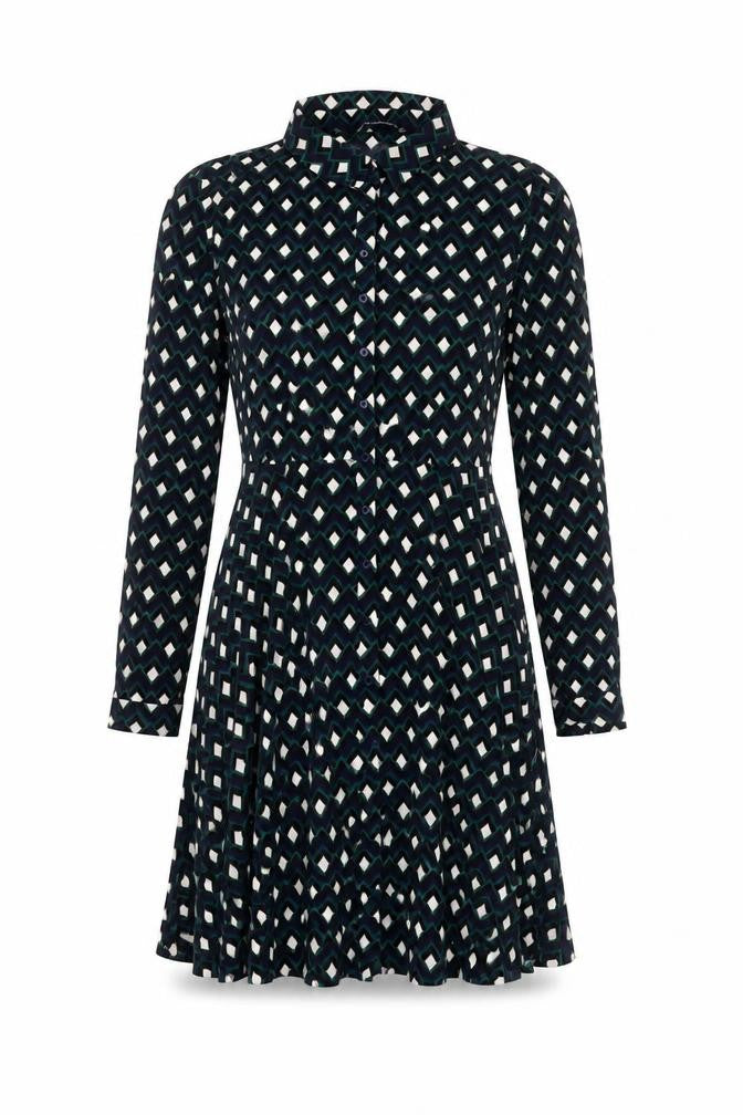 Front view of Zara women’s geometric shirt dress, size UK 8, multicoloured