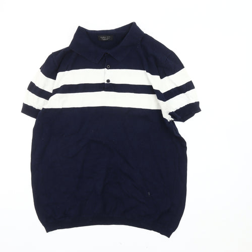 Zara Man Polo Shirt L, Blue & White Striped, Men's