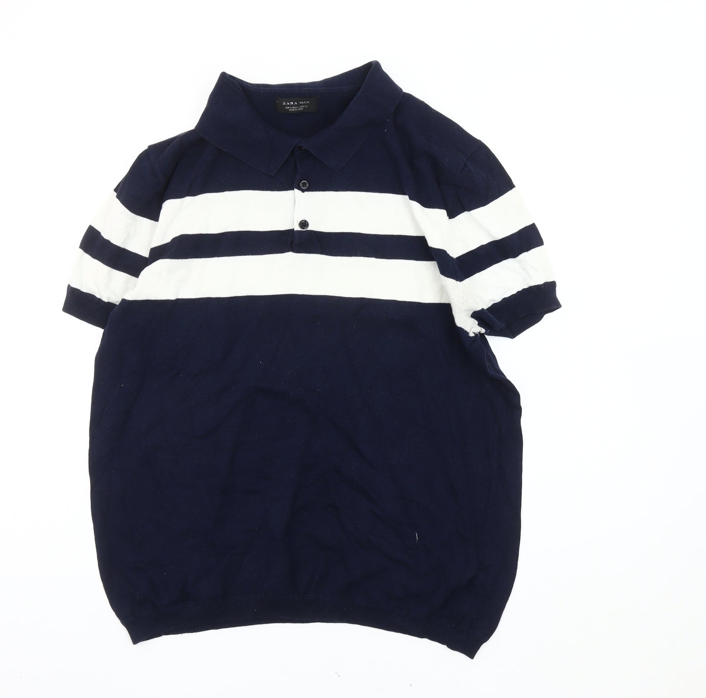 Zara Man Polo Shirt L, Blue & White Striped, Men's