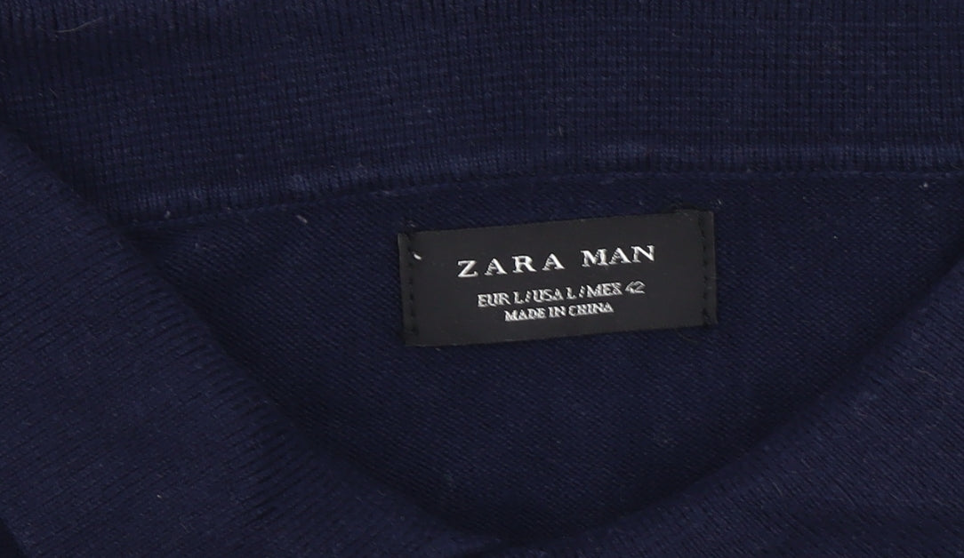 Zara Man Polo Shirt L, Blue & White Striped, Men's