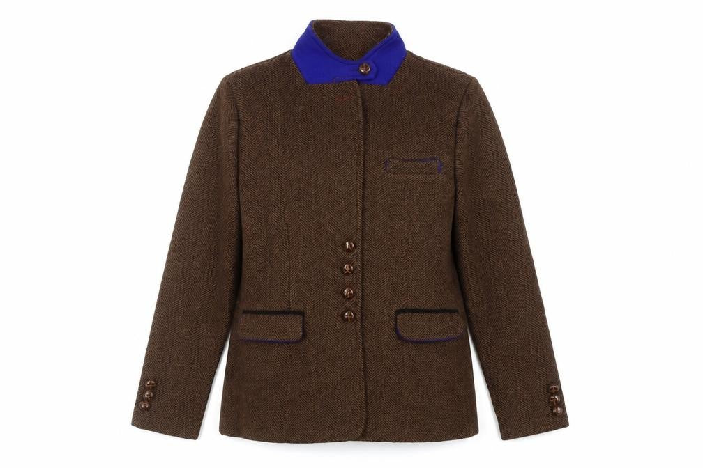 Front view of Misslook Women's Brown Blazer Jacket XL, Herringbone, Buttoned