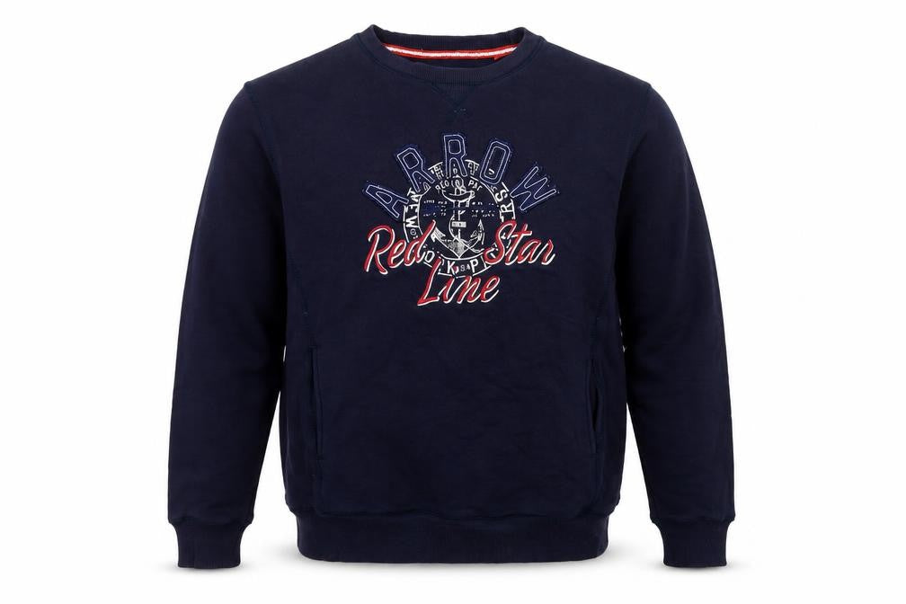 Front view of Arrow Men's Blue Graphic Pullover Sweatshirt L