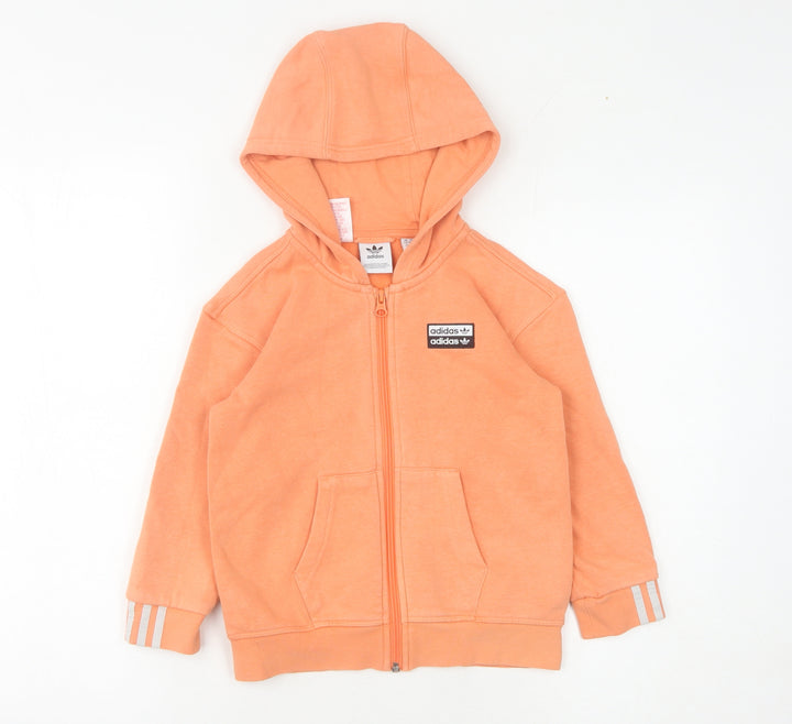 Adidas Girls Orange Full Zip Hoodie 5-6 Years Cotton Blend