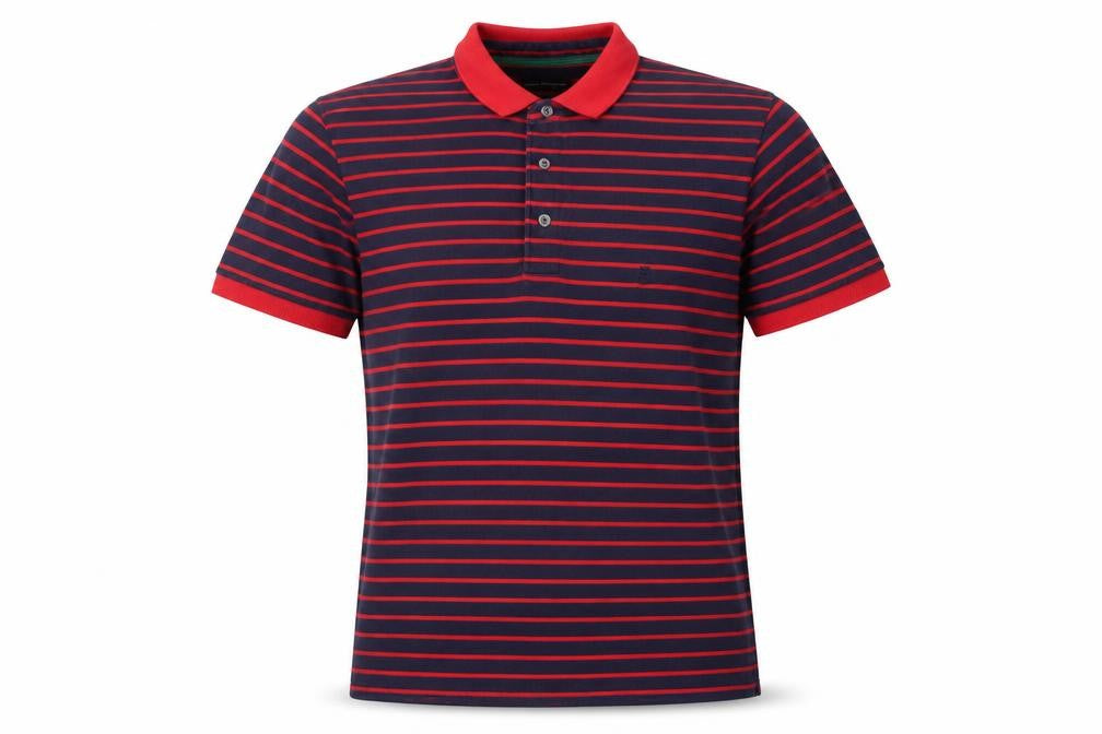 Front view of French Connection Men's Red Striped Polo, M, Short Sleeve