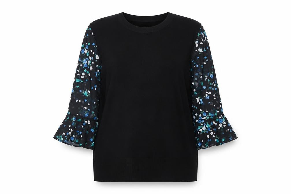 Front view of Oasis Women's Black Floral Pullover, L - Elegant Style