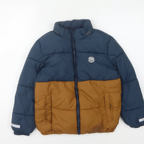 H&M Boys Blue Brown Puffer Jacket 9-10 Yrs Reflective Zip Pockets
