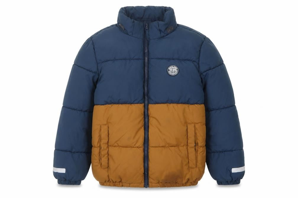 Front view of H&M boys’ blue brown puffer jacket 9-10 yrs reflective zip pockets