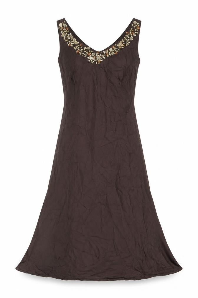 Front view of Ailleurs Women's Brown Silk A-Line Dress, size 8
