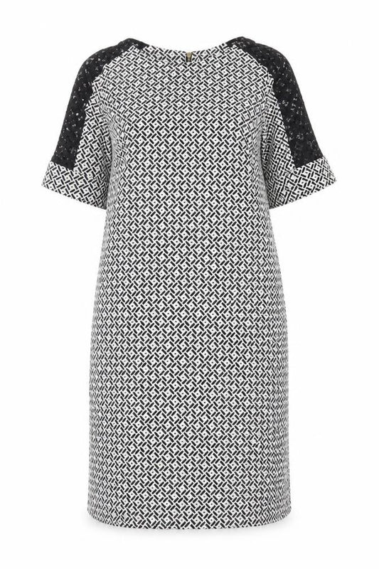 Front view of BHS Women's Black/White Midi Geometric Shift Dress, size 12
