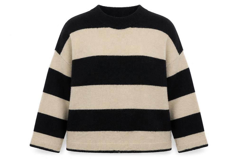 Front view of B.Young Women's Black & Beige Striped Jumper, size M